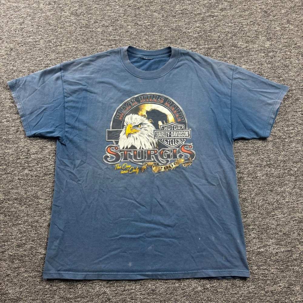 Y2K 2000s Harley Davidson Biker Sturgis Rally Eagle Graphic T-Shirt Blue XL